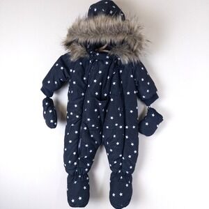 La Redoute Star Print Faux Fur Footed Snow Suit Gloves Black Graphite Baby Sz 3m